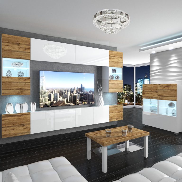 Comoda Belini Premium Full Version stejar wotan / alb lucios + iluminare LED NEX KOM1/1/W/DWW/0/0