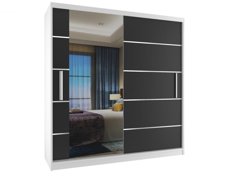 Dressing  158 cm Belini alb mat/negru mat cu usi glisante si oglinda MBP SZP3/2/W/B/0/AL