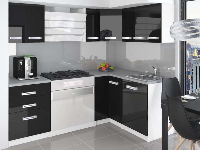 Mobila bucatarie 300 cm negru lucios cu blat Producator INF ARMIN/3/WT/B/0/D 