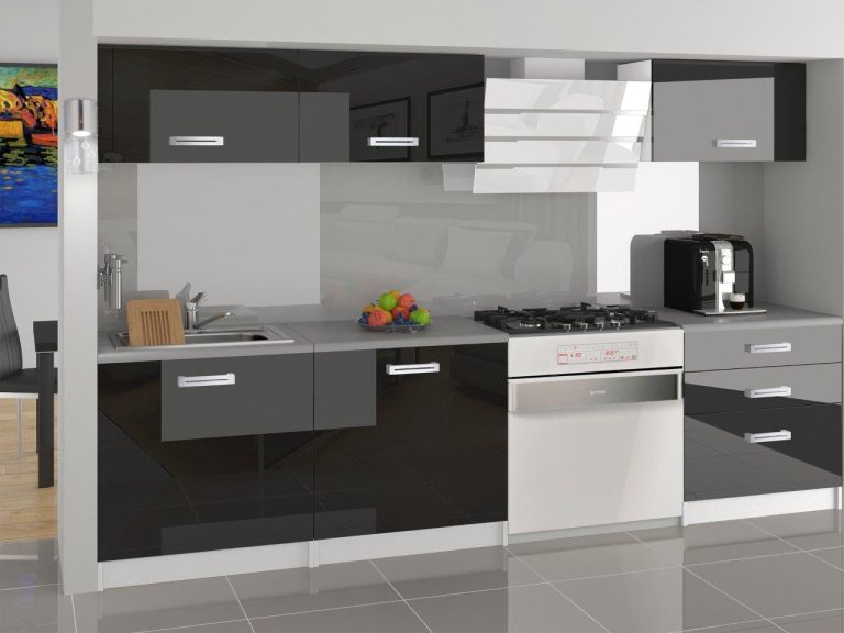 Mobila de bucatarie Belini 180 cm negru lucios cu blat INF LAURENTINO2/2/WT/B/0/B1 