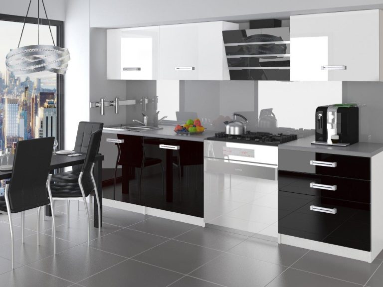 Linie bucatarie Belini 180 cm alb lucios / negru luciu cu blat  INF NEPTUN/2/WT/WB/0/D 