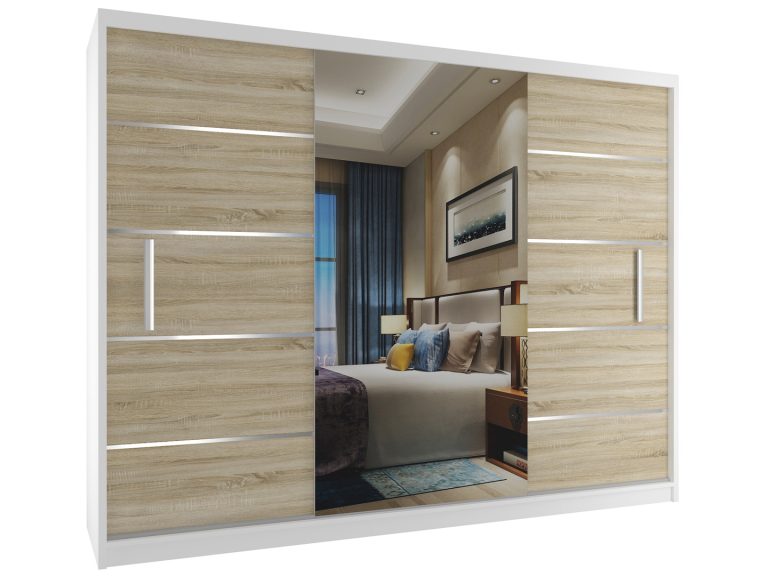 Dressing 232 cm Belini alb mat/ stejar sonoma cu usi glisante si oglinda MBP SZP4/2/1W/2DS1L/0/AL
