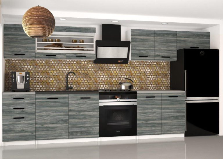 Mobila de bucatarie Belini 240 cm gri antracit Glamour Wood cu blat TOR ELLA2/3/WT/GW1/0/B1 
