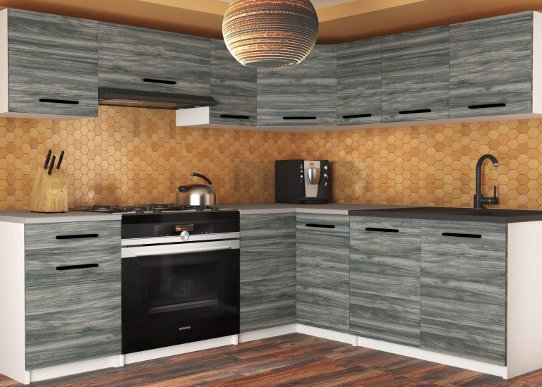 Mobila de bucatarie Belini 360 cm gri antracit Glamour Wood fara blat TOR LIDIAUNIQA2/3/WT/GW1/BB/B1 