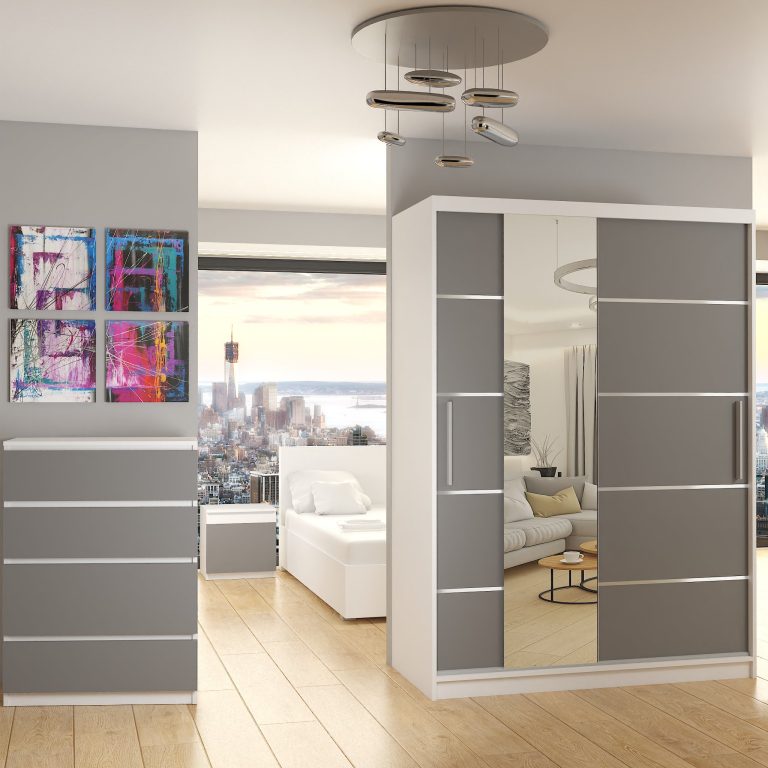 Dressing 133 cm Belini mat alb/gri mat cu usi glisante cu oglinda si sertare MBP SZP6/1/W/SR/0/KLAL