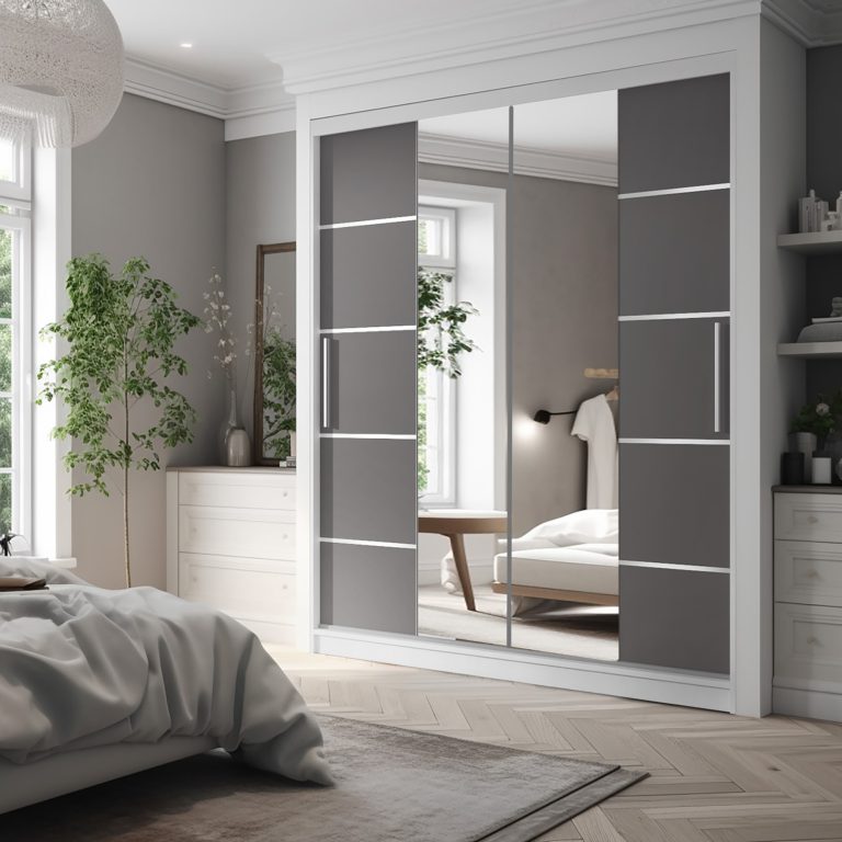 Dressing 200 cm Belini mat alb/gri mat cu usi glisante cu oglinda si sertare ME SZP5/1/W/SR/0/KLAL
