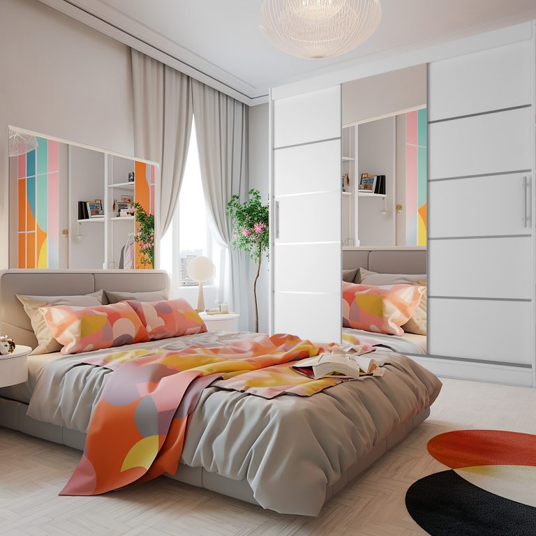 Dressing 200 cm Belini mat alb cu usi glisante cu oglinda si sertare MT SZP5/1/W/W/0/KLAL