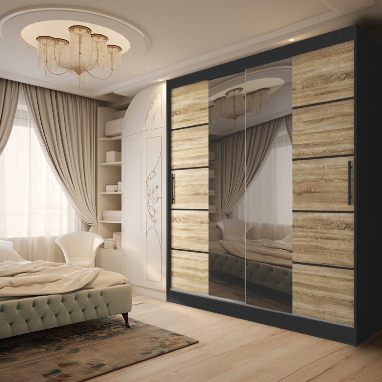 Dressing 200 cm Belini negru mat / stejar sonoma cu usi glisante cu oglinda si sertare ME SZP5/1/B/DS/0/KLP

