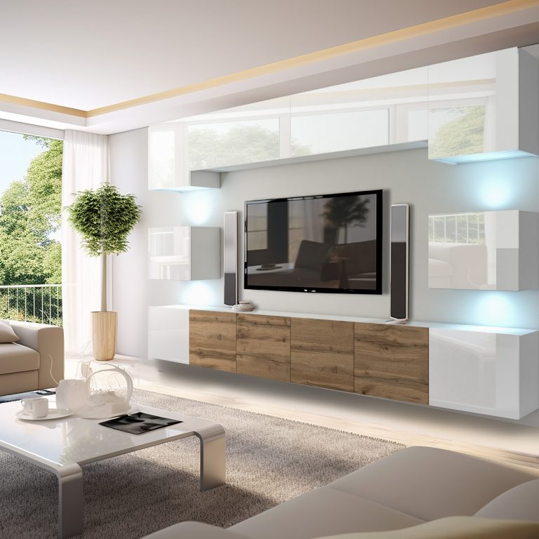 Set mobila sufragerie Belini Premium Full Version alb lucios / stejar wotan + iluminare LED NEX 3/0/W/WWWDW/0/0/PP