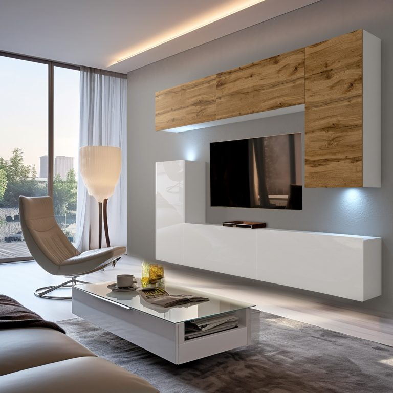 Set mobila sufragerie Belini Premium Full Version stejar wotan / alb lucios + iluminare LED NEX 8/0/W/DWW/0/0/PP