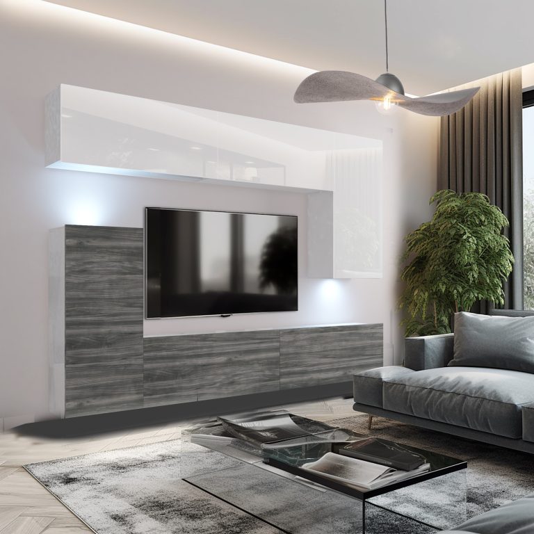 Mobila sufragerie Belini Premium Full Version alb lucios / gri antracit Glamour Wood + iluminare LED NEX 8/0/W/WGW1/0/0/PP