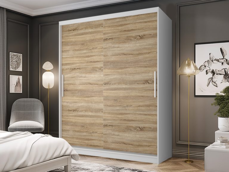 Dressing 133 cm Belini alb mat / stejar sonoma cu usi glisante SI SZP2/2/W/DS/0/AL