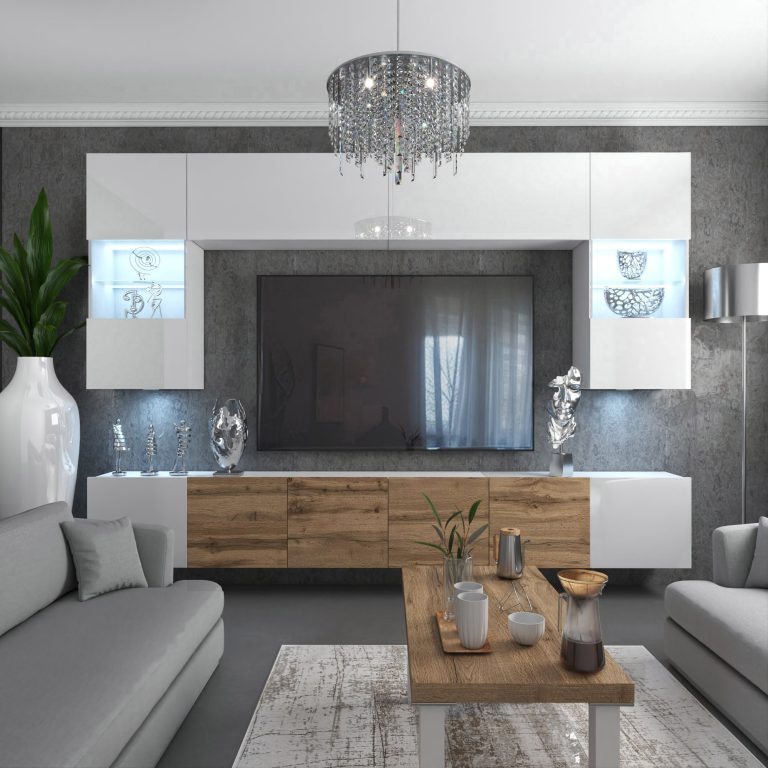 Set mobila sufragerie Belini Premium Full Version alb lucios / stejar wotan + iluminare LED  NEX 1/0/W/WWDW/0/0/PP