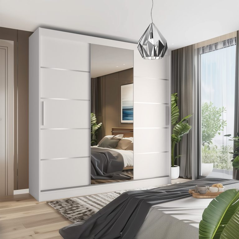 Dressing 232 cm Belini alb mat cu usi glisante cu oglinda si sertare MBP SZP8/0/1W/2W1L/0/KLAL