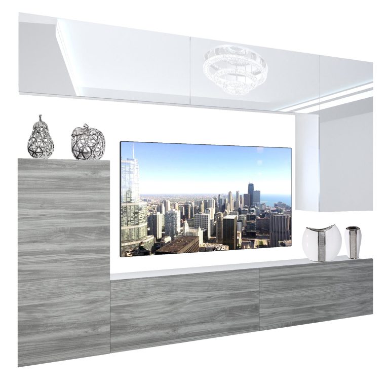 Mobila sufragerie Belini Premium Full Version alb lucios / gri antracit Glamour Wood + iluminare LED NEX 8/0/W/WGW1/0/0/PP
