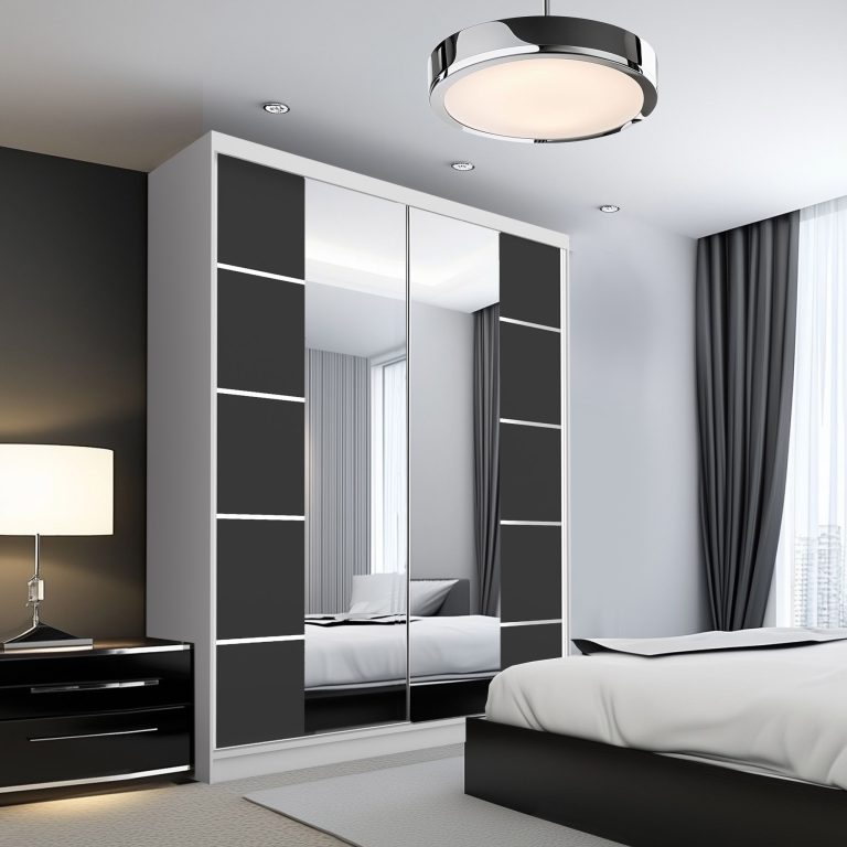 Dressing 133 cm Belini alb mat/negru mat cu usi glisante cu oglinda si sertare ME SERENITY SZP6/0/W/B/0/HIAL