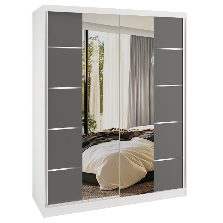 Dressing 133 cm Belini mat alb/gri mat cu usi glisante cu oglinda si sertare ME SERENITY SZP6/0/W/SR/0/HIAL