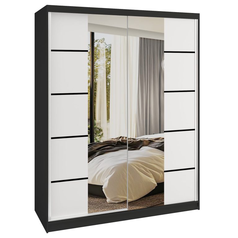 Dressing 133 cm Belini negru mat/alb mat cu usi glisante cu oglinda si sertare ME SERENITY SZP6/0/B/W/0/HIAL