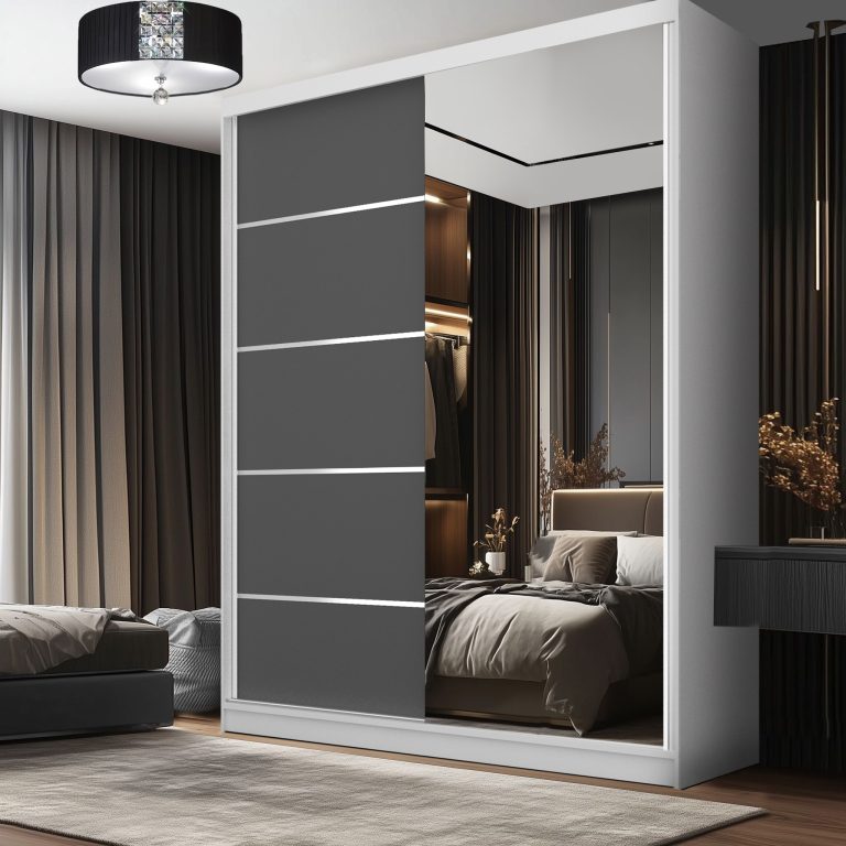 Dressing 133 cm Belini mat alb/gri mat cu usi glisante cu oglinda si sertare MBP SERENITY SZP6/0/W/SR/0/HIAL