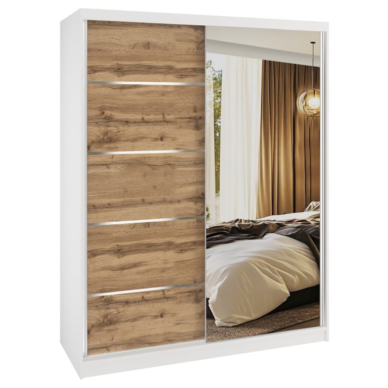 Dressing 133 cm Belini alb mat / stejar wotan cu usi glisante cu oglinda si sertare MBP SERENITY SZP6/0/W/DW/0/HIAL