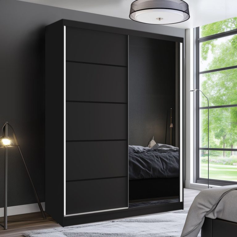 Dressing 133 cm Belini negru mat cu usi glisante cu oglinda si sertare MBP SERENITY SZP6/0/B/B/0/HIAL