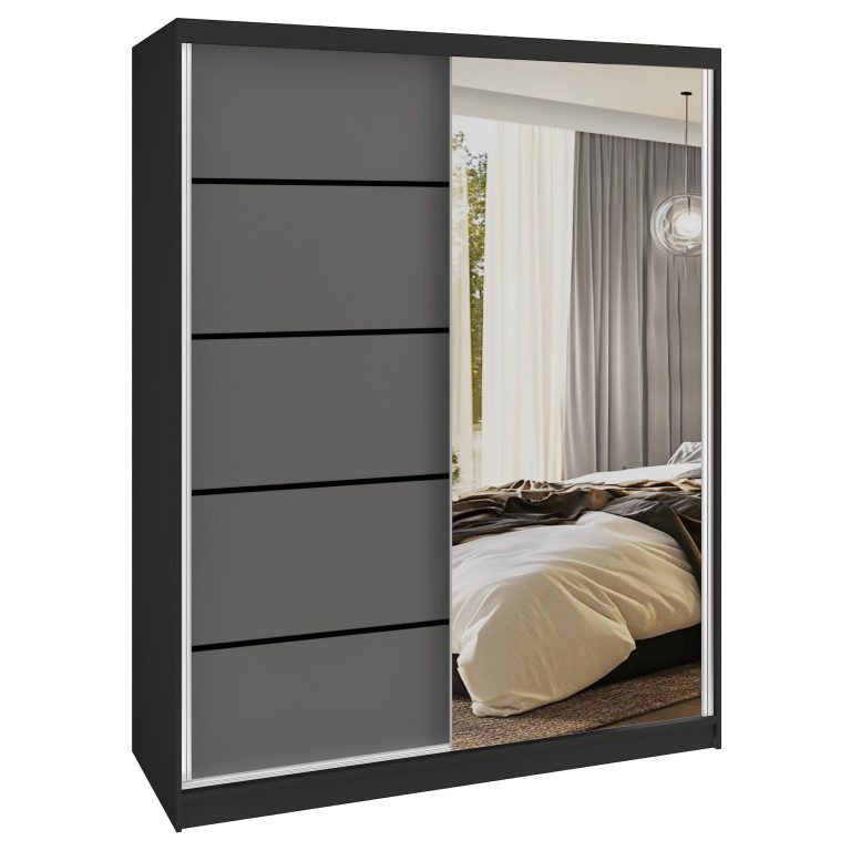 Dressing 133 cm Belini mat negru/gri mat cu usi glisante cu oglinda si sertare MBP SERENITY SZP6/0/B/SR/0/HIAL