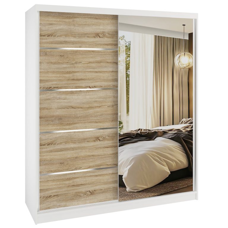Dressing 158 cm Belini alb mat / stejar sonoma cu usi glisante cu oglinda si sertare MBP SERENITY SZP7/0/W/DS/0/HIAL