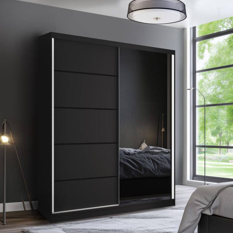 Dressing 158 cm Belini negru mat cu usi glisante cu oglinda si sertare MBP SERENITY SZP7/0/B/B/0/HIAL