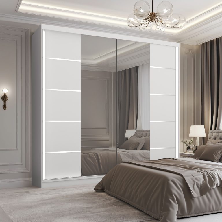 Dressing 200 cm Belini mat alb cu usi glisante cu oglinda si sertare ME SERENITY SZP5/0/W/W/0/HIAL