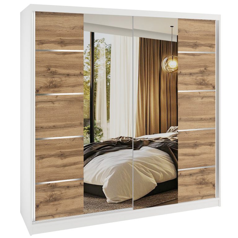 Dressing 200 cm Belini alb mat/stejar wotan cu usi glisante cu oglinda si sertare ME SERENITY SZP5/0/W/DW/0/HIAL