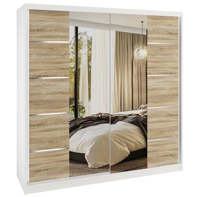Dressing 200 cm Belini alb mat/stejar sonoma cu usi glisante cu oglinda si sertare ME SERENITY SZP5/0/W/DS/0/HIAL