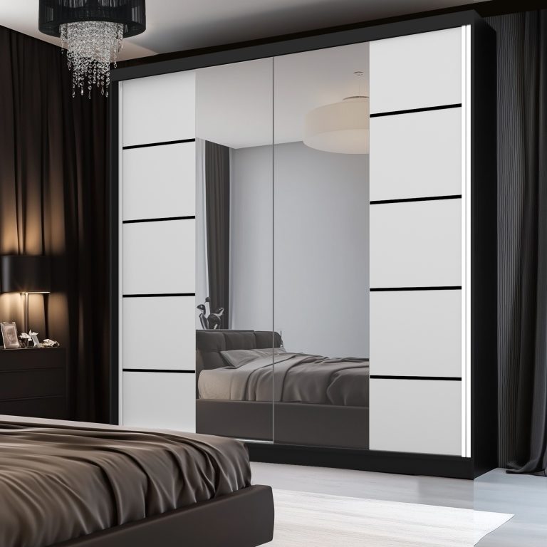 Dressing 200 cm Belini negru mat/alb mat cu usi glisante cu oglinda si sertare ME SERENITY SZP5/0/B/W/0/HIAL