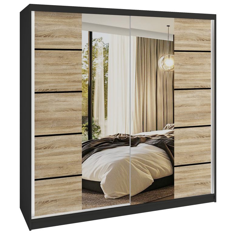 Dressing 200 cm Belini negru mat/stejar sonoma cu usi glisante cu oglinda si sertare ME SERENITY SZP5/0/B/DS/0/HIAL