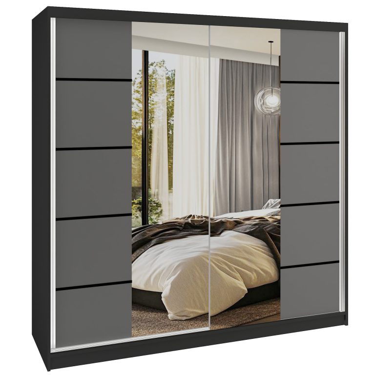 Dressing 200 cm Belini mat negru/gri mat cu usi glisante cu oglinda si sertare ME SERENITY SZP5/0/B/SR/0/HIAL