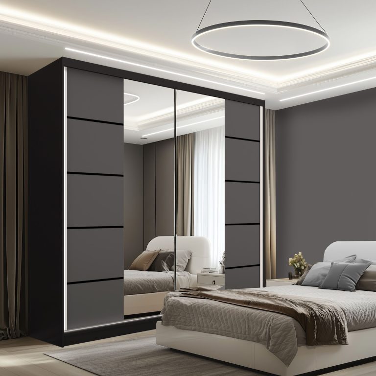Dressing 200 cm Belini mat negru/gri mat cu usi glisante cu oglinda si sertare ME SERENITY SZP5/0/B/SR/0/HIAL