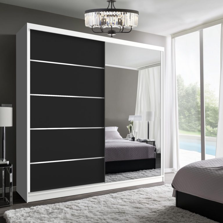 Dressing 200 cm Belini alb mat/negru mat cu usi glisante cu oglinda si sertare MBP SERENITY SZP5/0/W/B/0/HIAL