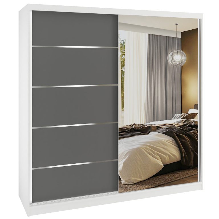 Dressing 200 cm Belini alb mat/gri mat cu usi glisante cu oglinda si sertare MBP SERENITY SZP5/0/W/SR/0/HIAL