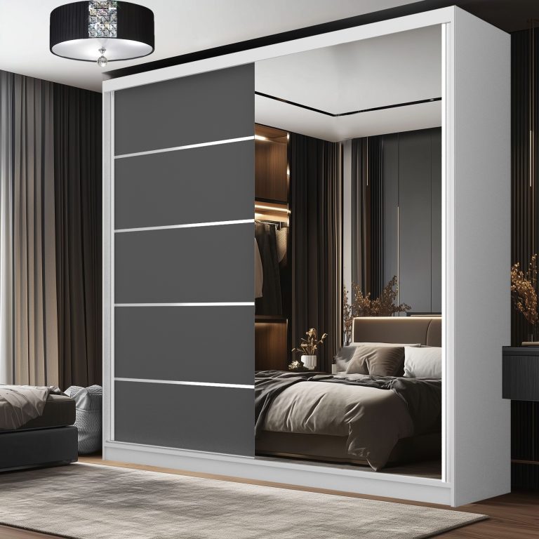 Dressing 200 cm Belini alb mat/gri mat cu usi glisante cu oglinda si sertare MBP SERENITY SZP5/0/W/SR/0/HIAL