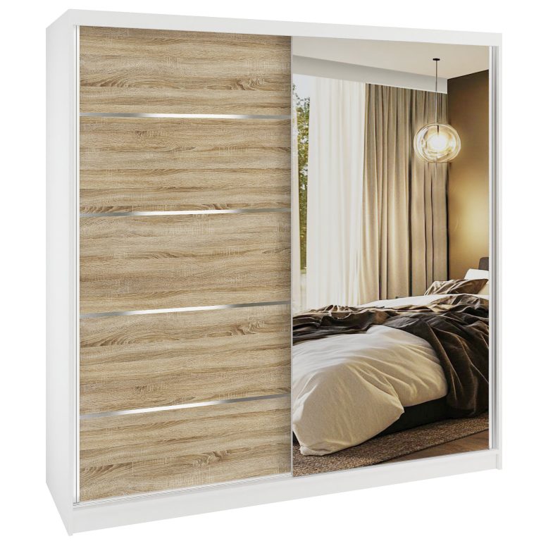 Dressing 200 cm Belini alb mat / stejar sonoma cu usi glisante cu oglinda si sertare MBP SERENITY SZP5/0/W/DS/0/HIAL
