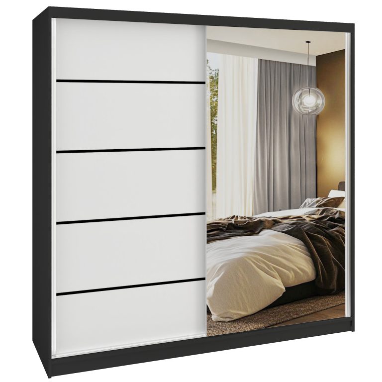 Dressing 200 cm Belini negru mat/alb mat cu usi glisante cu oglinda MBP SERENITY SZP5/0/B/W/0/HIAL