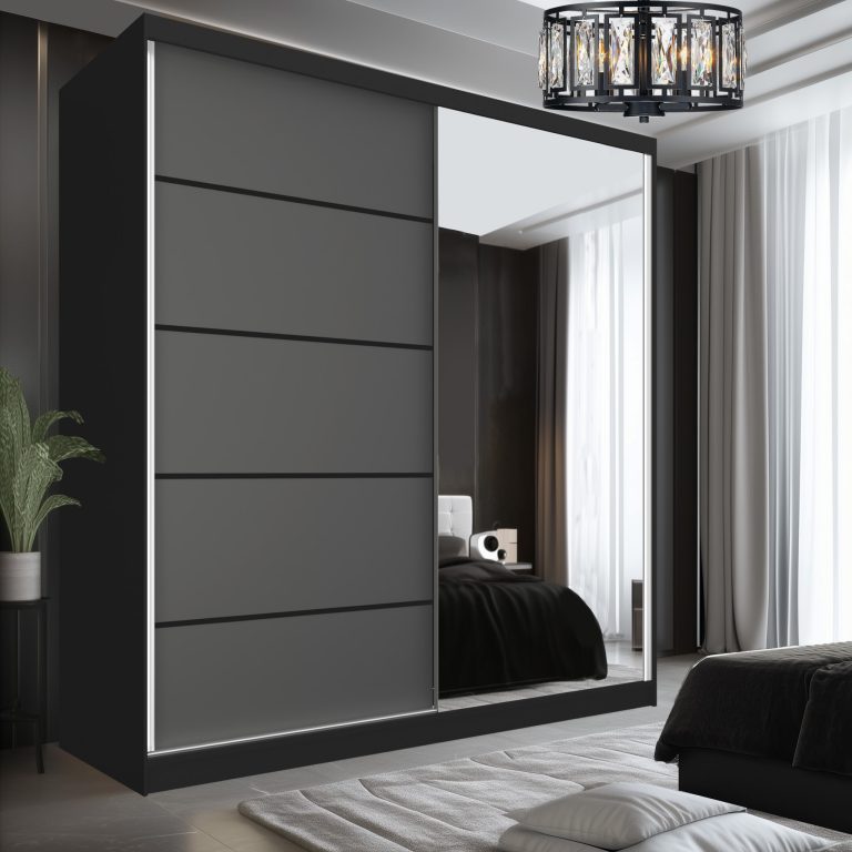Dressing 200 cm Belini alb mat/gri mat cu usi glisante cu oglinda si sertare MBP SERENITY SZP5/0/B/SR/0/HIAL