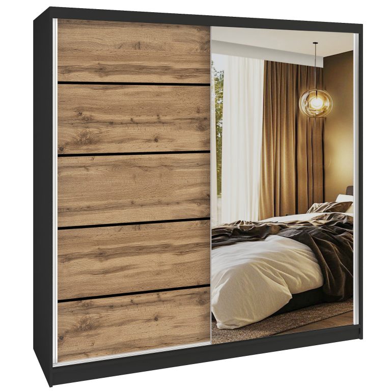 Dressing 200 cm Belini negru mat/stejar wotan cu usi glisante cu oglinda si sertare MBP SERENITY SZP5/0/B/DW/0/HIAL