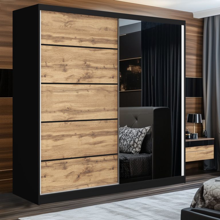 Dressing 200 cm Belini negru mat/stejar wotan cu usi glisante cu oglinda si sertare MBP SERENITY SZP5/0/B/DW/0/HIAL