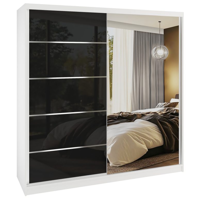 Dressing 200 cm Belini alb mat/negru lucios cu usi glisante cu oglinda si sertare MGB SERENITY SZP5/0/W/B/0/HIAL