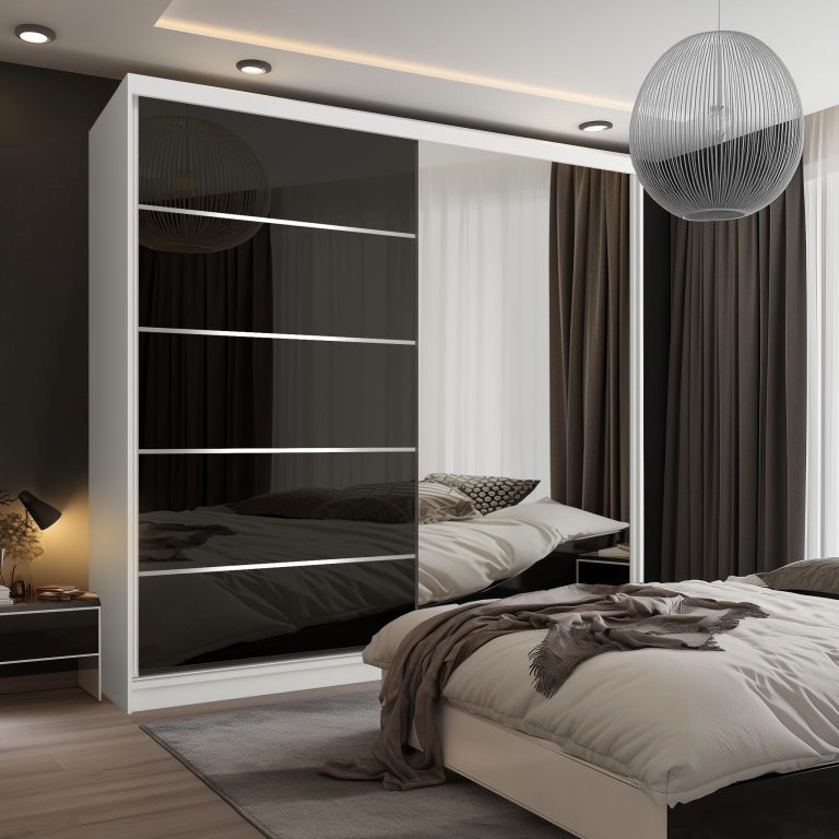 Dressing 200 cm Belini alb mat/negru lucios cu usi glisante cu oglinda si sertare MGB SERENITY SZP5/0/W/B/0/HIAL