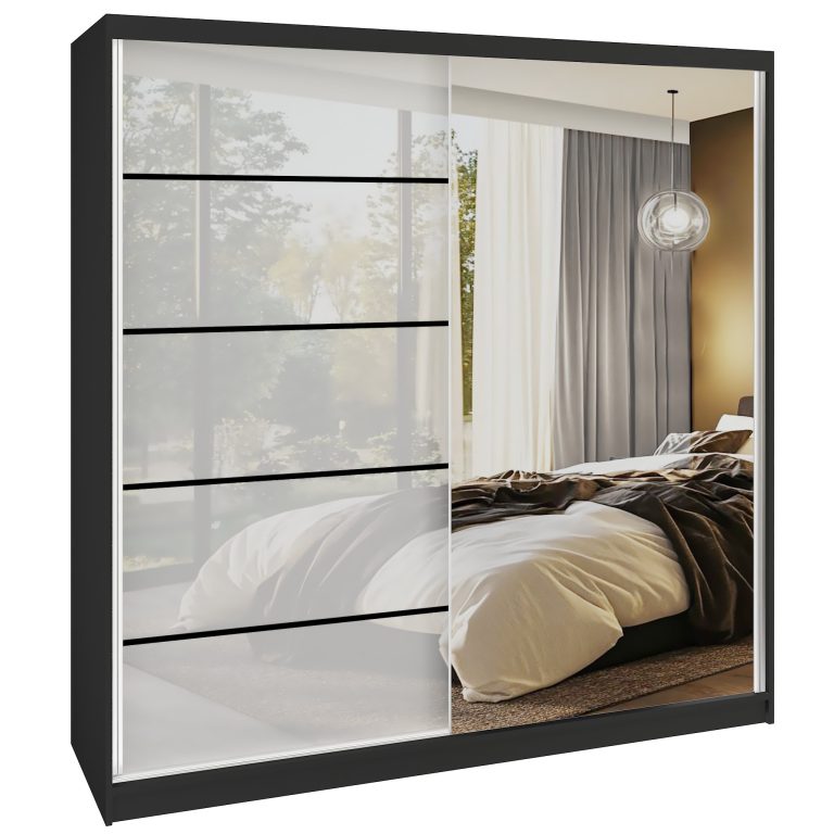 Dressing 200 cm Belini negru mat/alb lucios cu usi glisante cu oglinda si sertare MGB SERENITY SZP5/0/B/W/0/HIAL