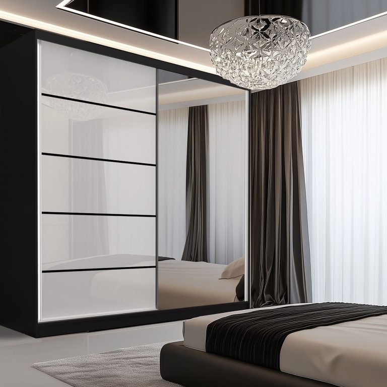 Dressing 200 cm Belini negru mat/alb lucios cu usi glisante cu oglinda si sertare MGB SERENITY SZP5/0/B/W/0/HIAL