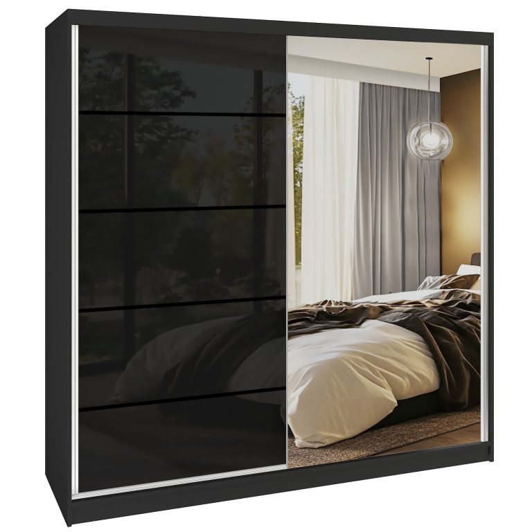 Dressing 200 cm Belini negru mat/negru lucios cu usi glisante cu oglinda si sertare MGB SERENITY SZP5/0/B/B/0/HIAL