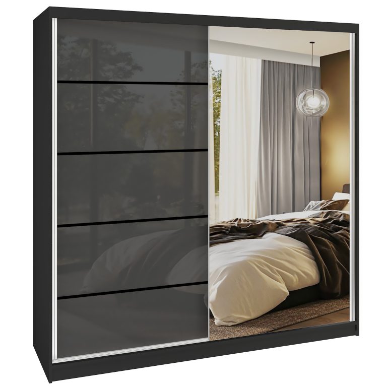 Dressing 200 cm Belini negru mat/gri lucios cu usi glisante cu oglinda si sertare MGB SERENITY SZP5/0/B/S/0/HIAL