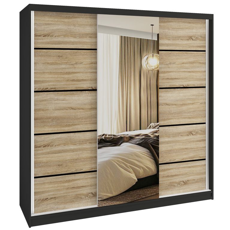 Dressing 200 cm Belini negru mat/stejar sonoma cu usi glisante cu oglinda si sertare MT SERENITY SZP5/0/B/DS/0/HIAL